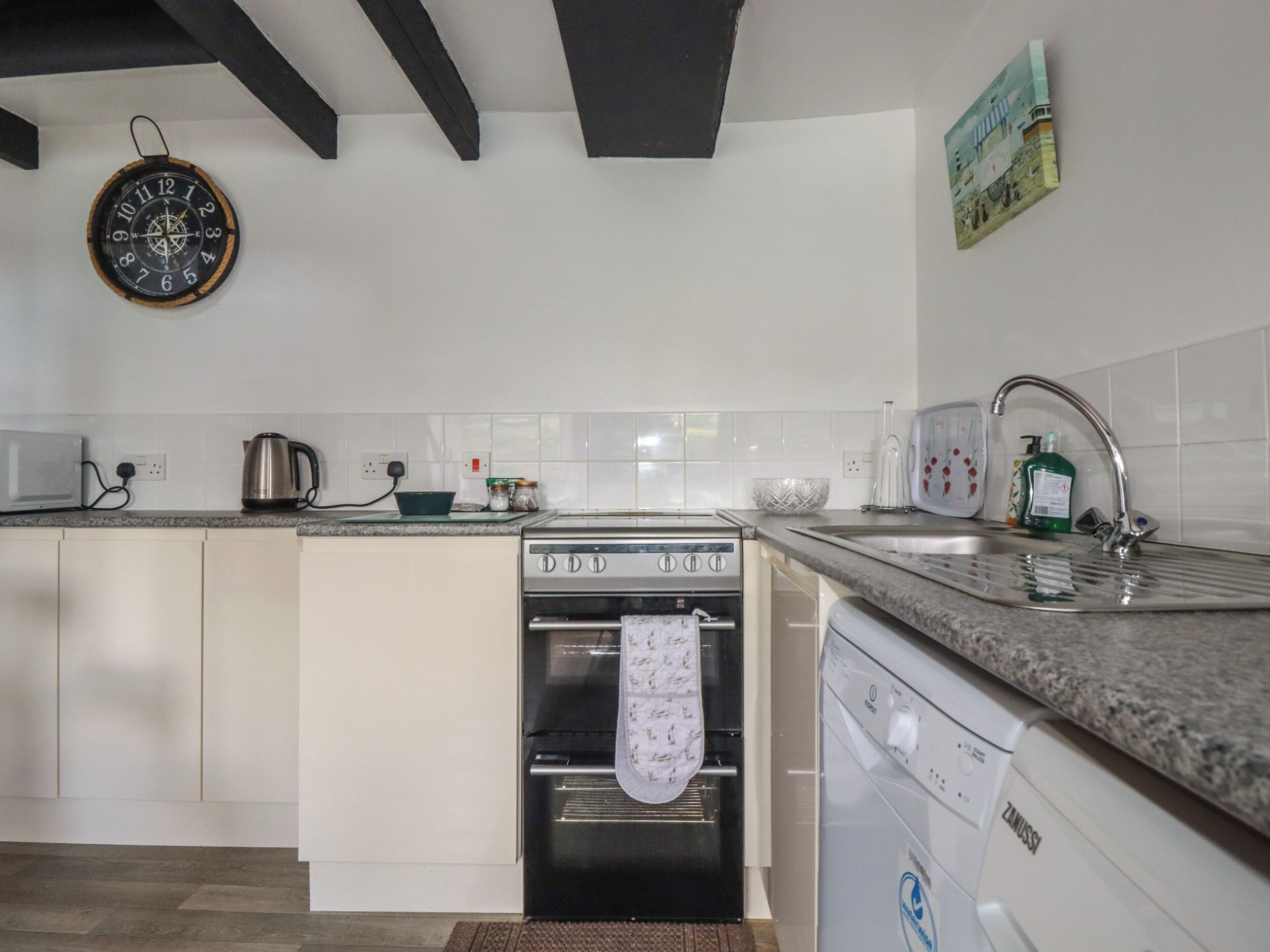 Fridge, dishwasher, electric kettle, toaster