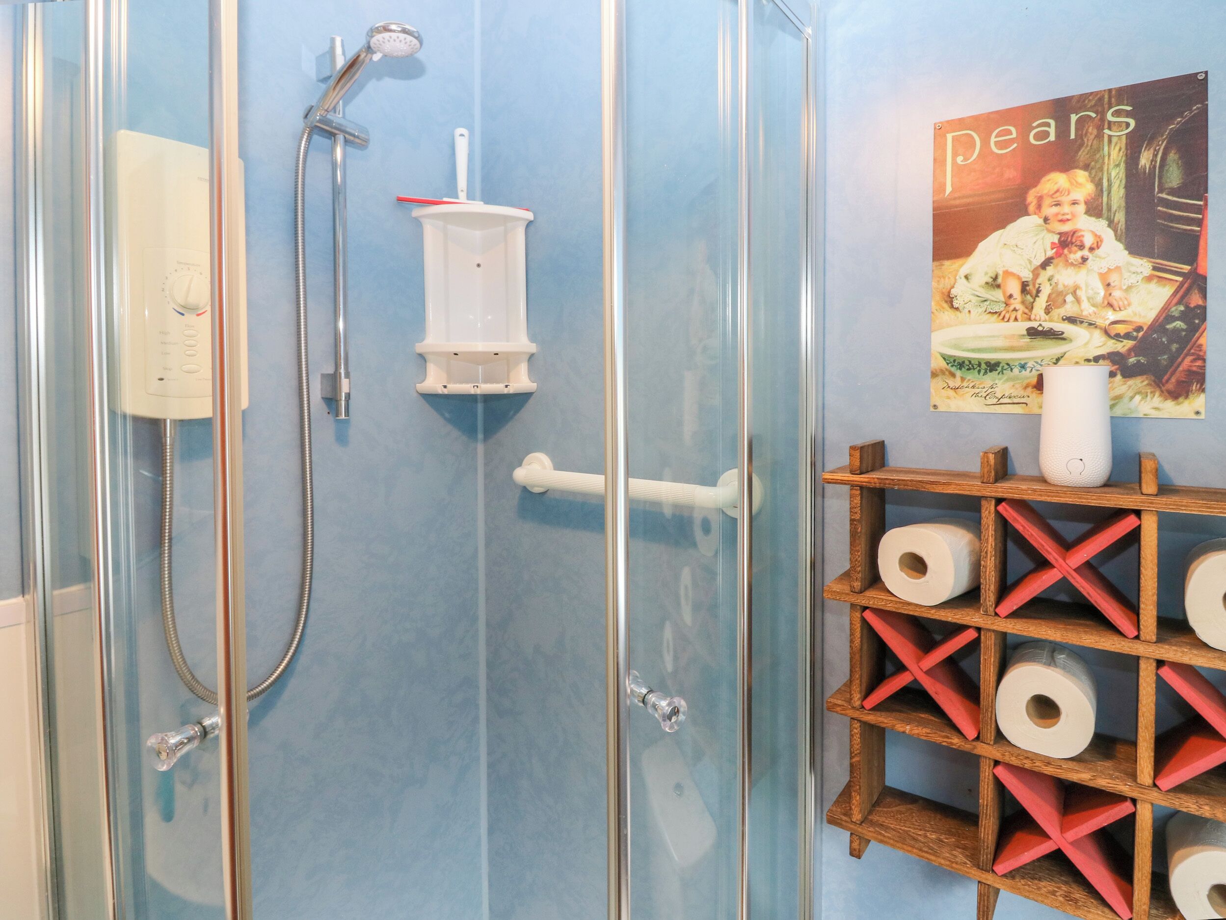 A shower with a glass door, a handheld showerhead, and a wall-mounted toilet paper holder.