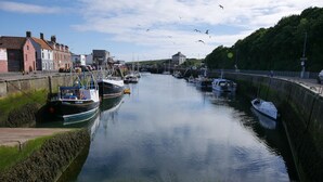 Un canal bordé de part et d’autre par des bateaux à quai, entouré de bâtiments et de verdure.
