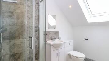 A modern bathroom with a glass shower enclosure, a white sink, and a toilet.