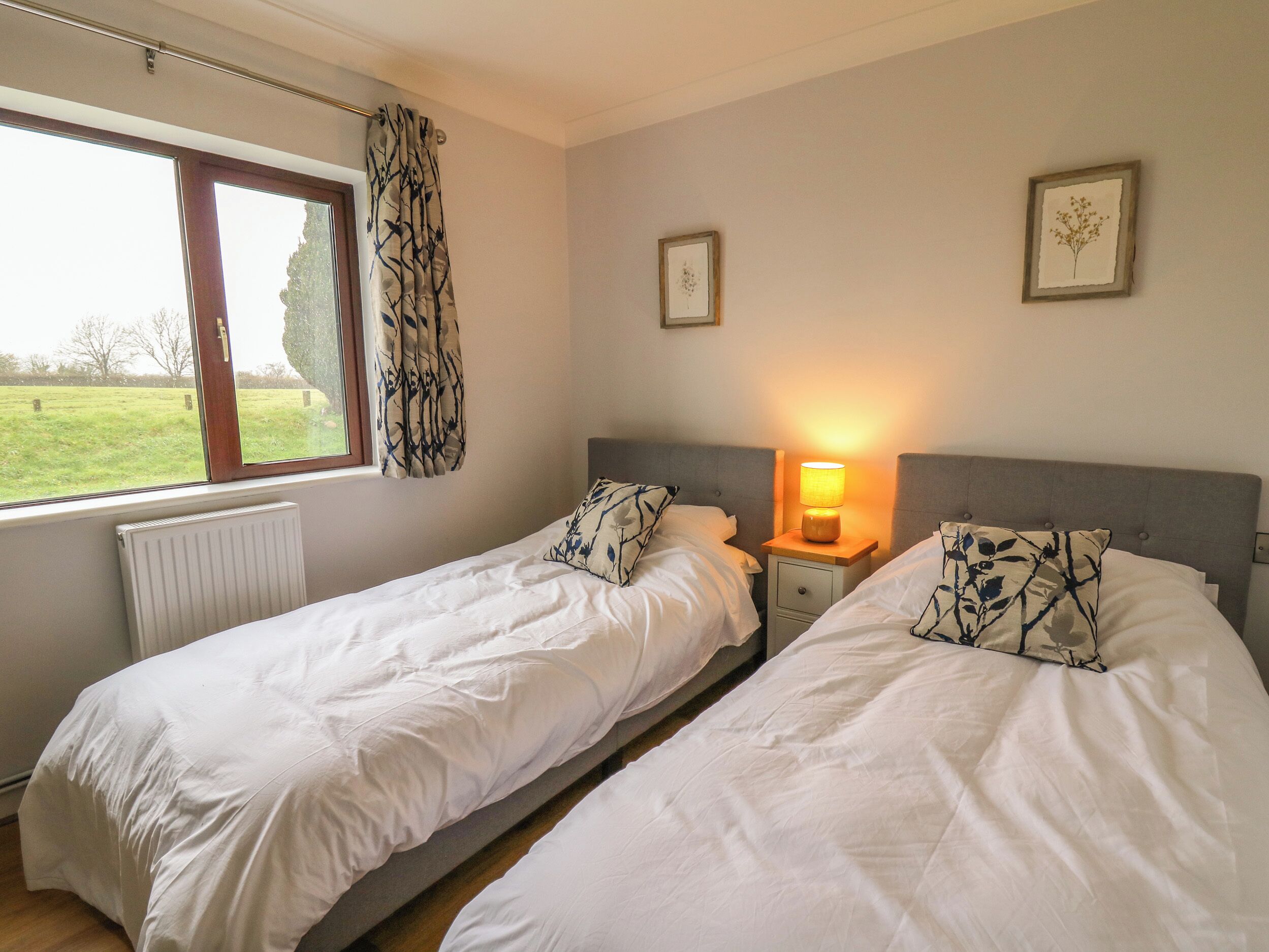 A twin bedroom with two beds, a window with a view of a field, a radiator, and a bedside table with a lamp.
