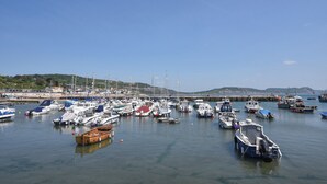 A marina with various boats docked, a pier extending into the water, and a hilly landscape in the background. - Penny Corner (Bridport)
