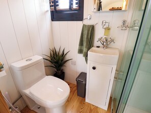 A small bathroom with a toilet, sink, and a potted plant. - Herdwick Luxury Glamping (Retford)