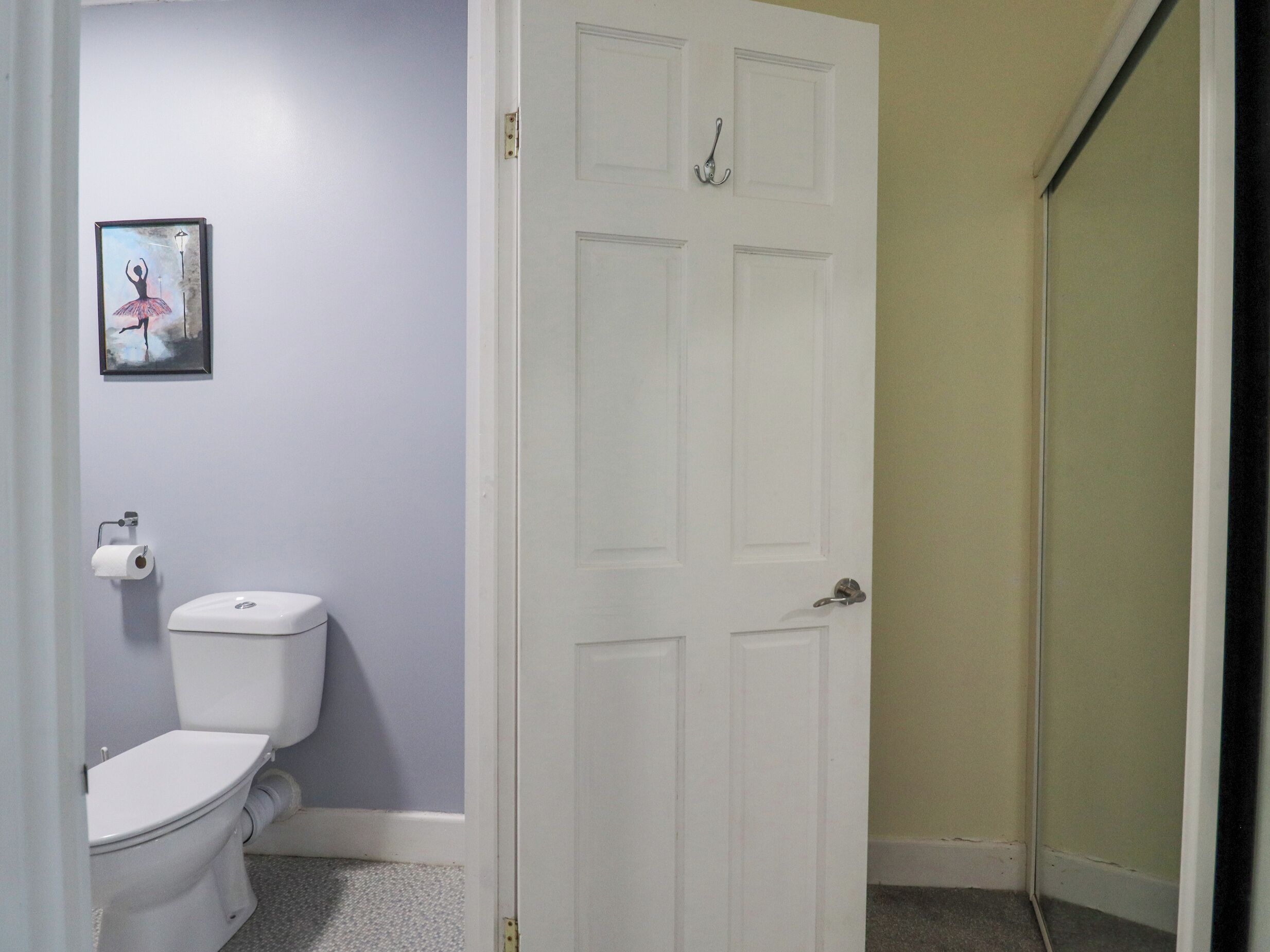 Un baño con inodoro, un rollo de papel higiénico y una puerta.