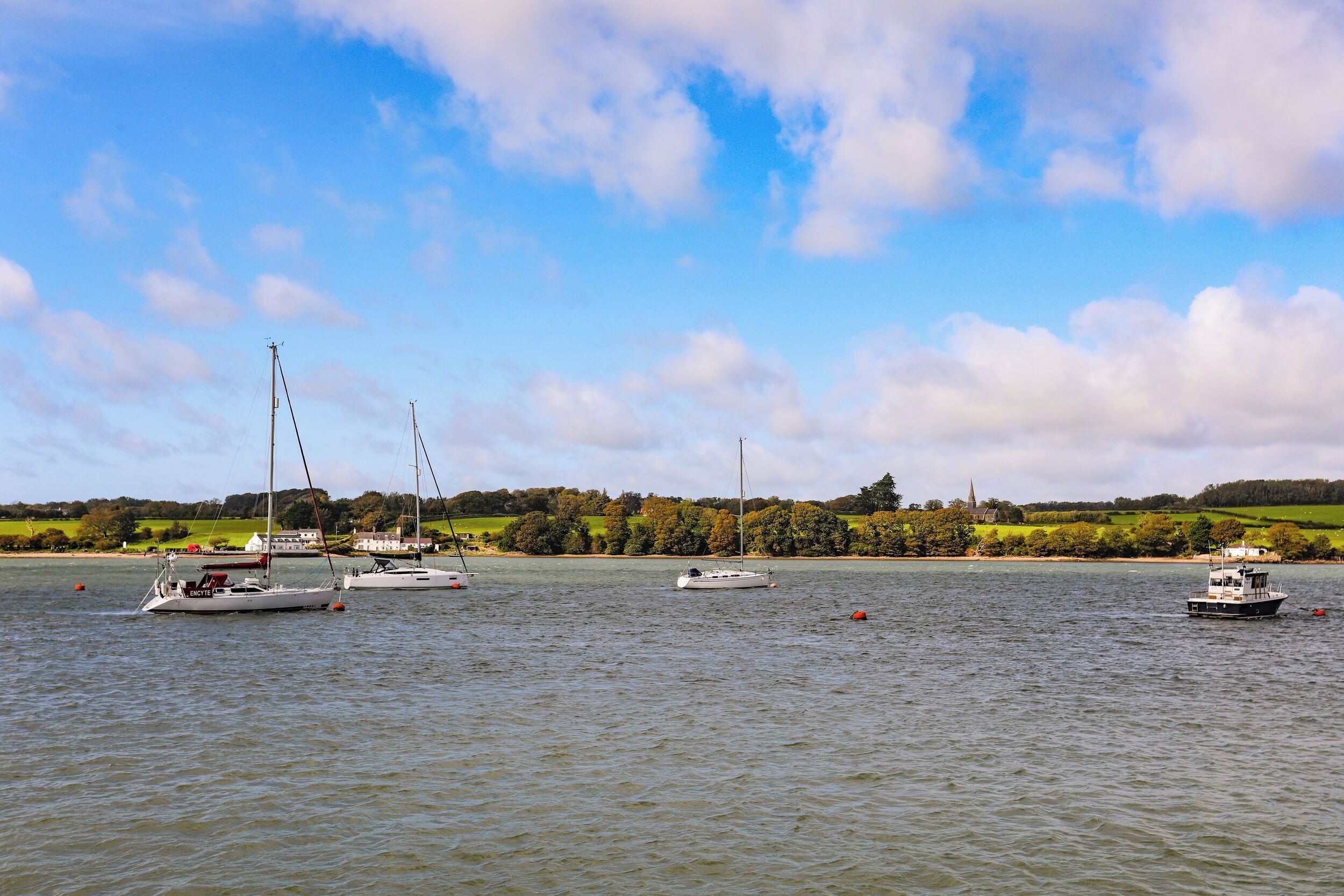 Een rustig meer met verschillende zeilboten en een motorboot.