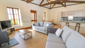 A spacious living area with a sofa, a coffee table, and a television. There is a kitchen with a countertop and cabinets. - The Granary (Penzance)