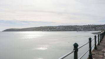 Blick auf die Küste mit einer Steinpromenade und einer Metallreling.