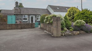 A stone cottage with a green door, a small garden with various plants, and a clear sky. - Ty Llaeth Cottage (Tywyn)