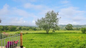 Vista desde un balcón sobre un campo verde con un árbol y colinas al fondo.