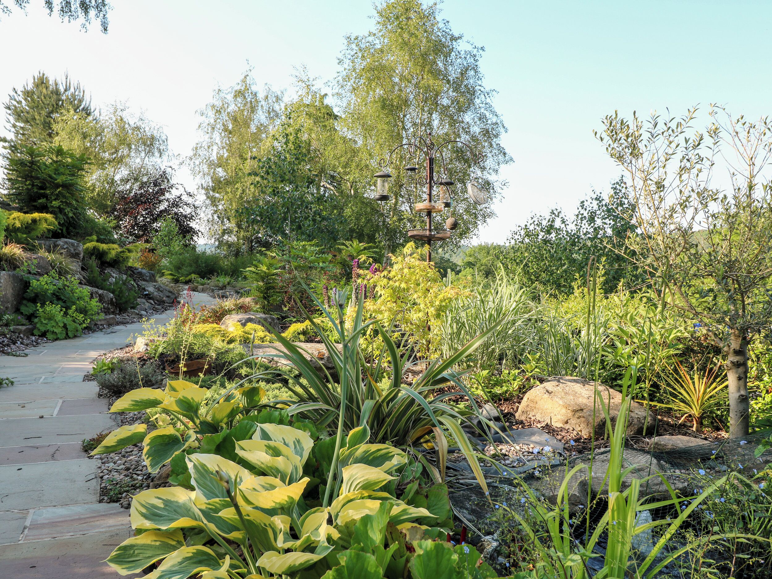 A garden pathway with various plants and a decorative metal structure.