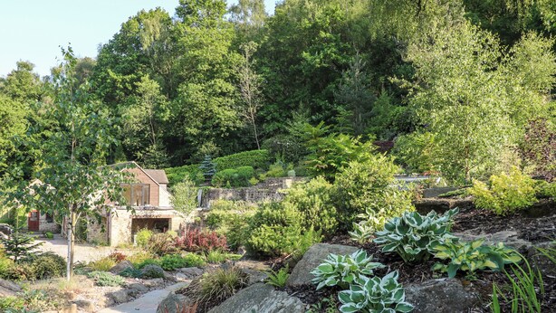 A garden with a stone pathway, various plants, and a stone wall. - The Barn at Catacol (Belper)