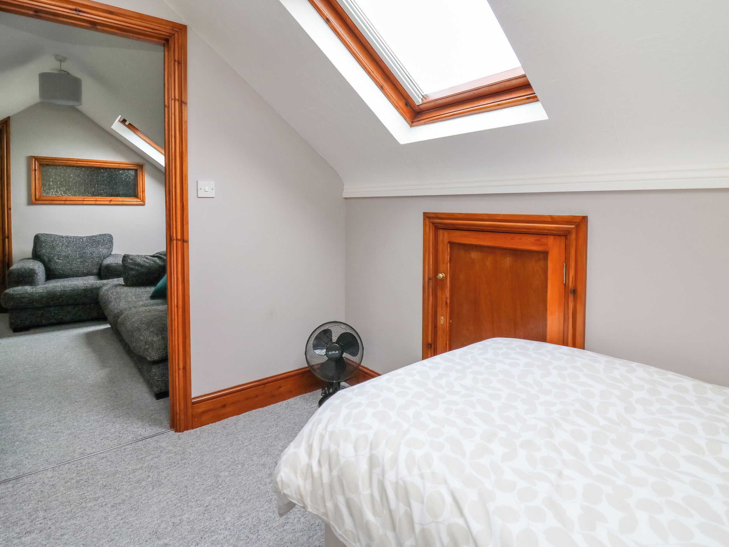 Une chambre avec un puits de lumière, un lit, un ventilateur et une porte.