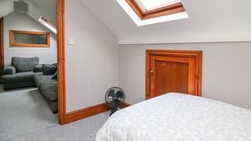 Une chambre avec un puits de lumière, un lit, un ventilateur et une porte.