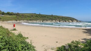 Una spiaggia con una postazione di salvataggio rossa, una riva sabbiosa e una collina erbosa con alberi.