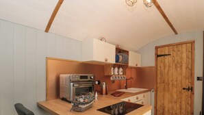 Cocina compacta con horno integrado, un lavabo y una puerta de madera.