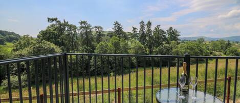 A balcony with a glass table and chairs, overlooking a grassy landscape with trees and hills.