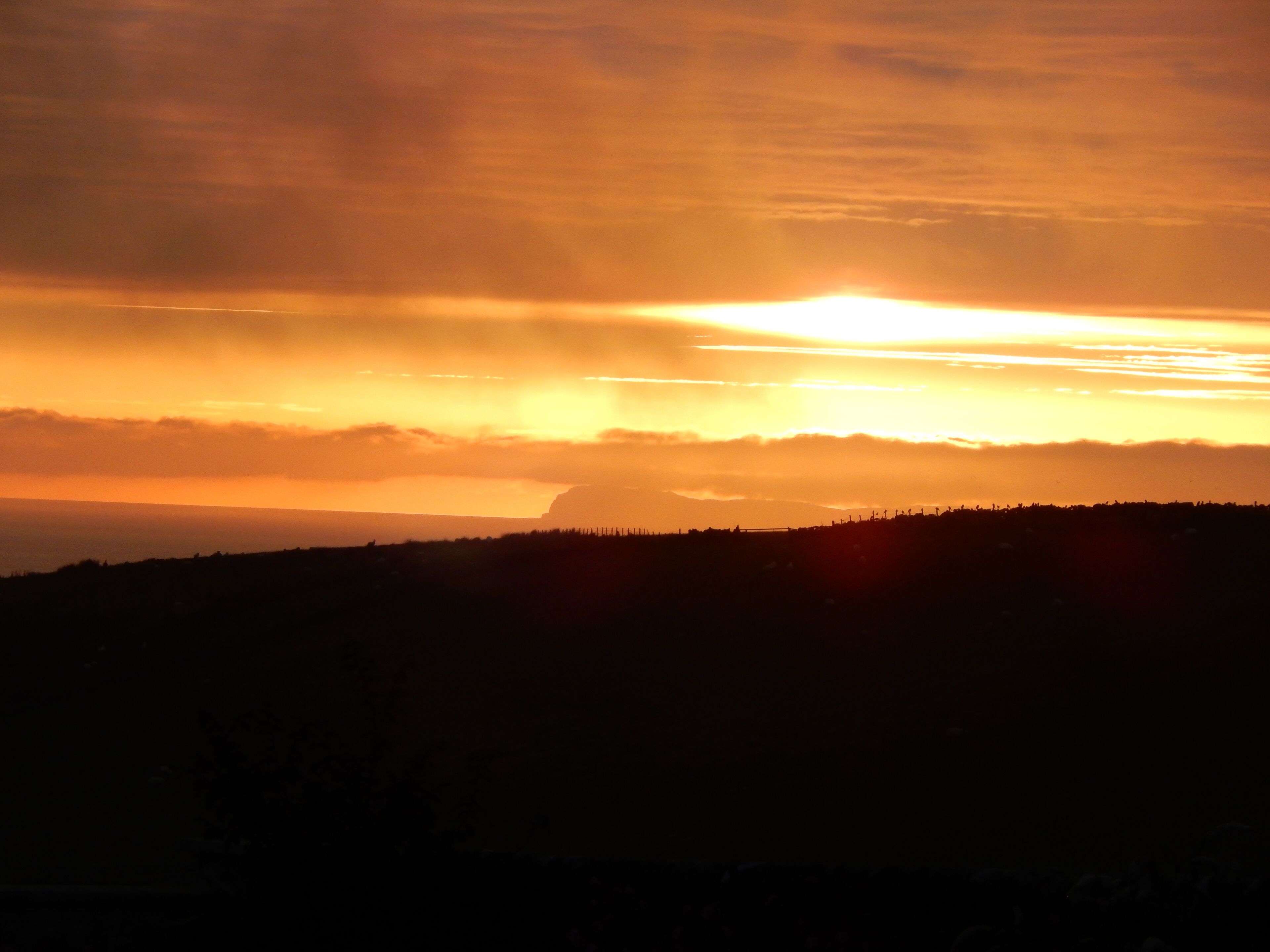Ein Sonnenuntergang über einer Berglandschaft, mit Baum-Silhouetten und wolkenlosem Himmel.