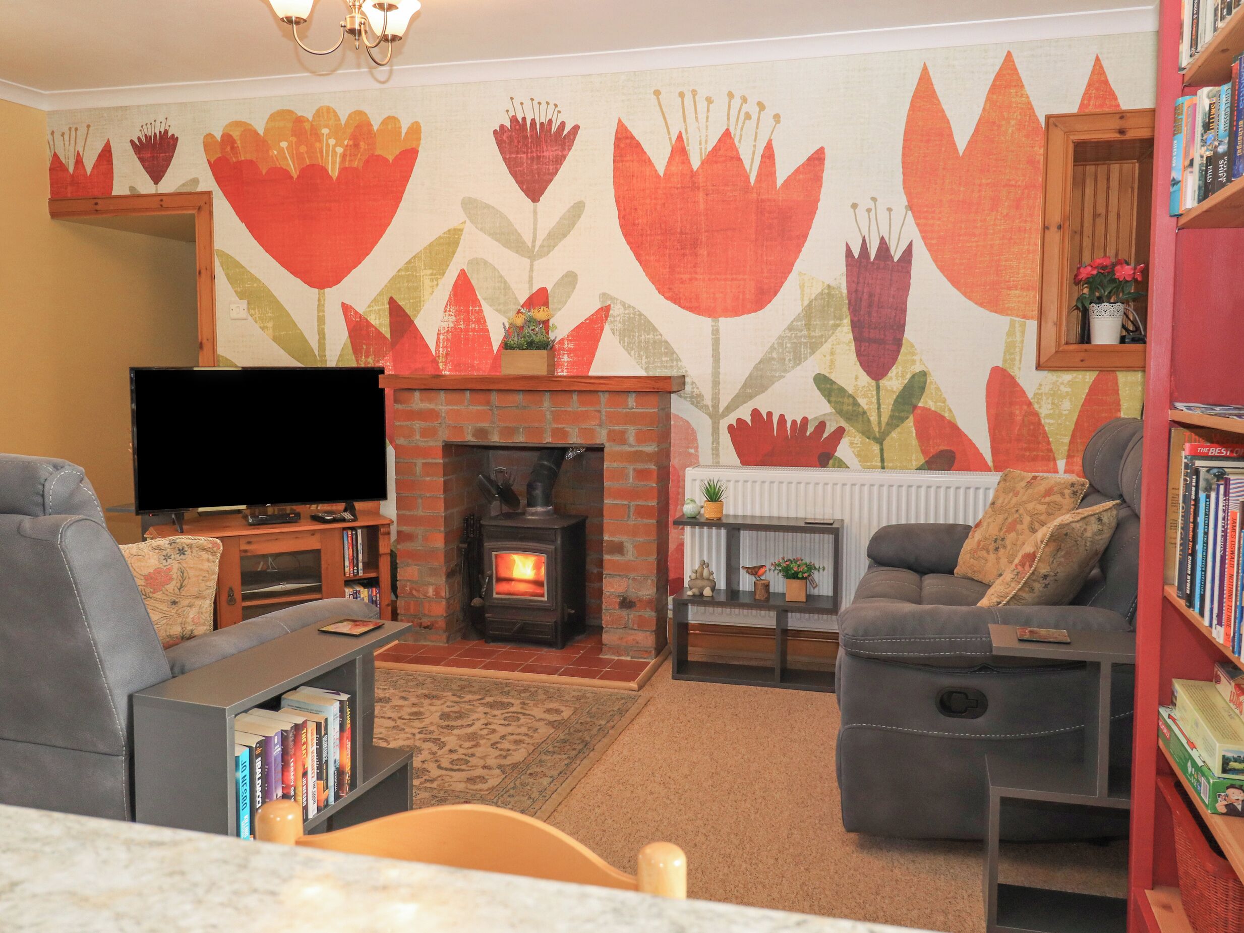 A living room with a fireplace, a television, and a bookshelf.