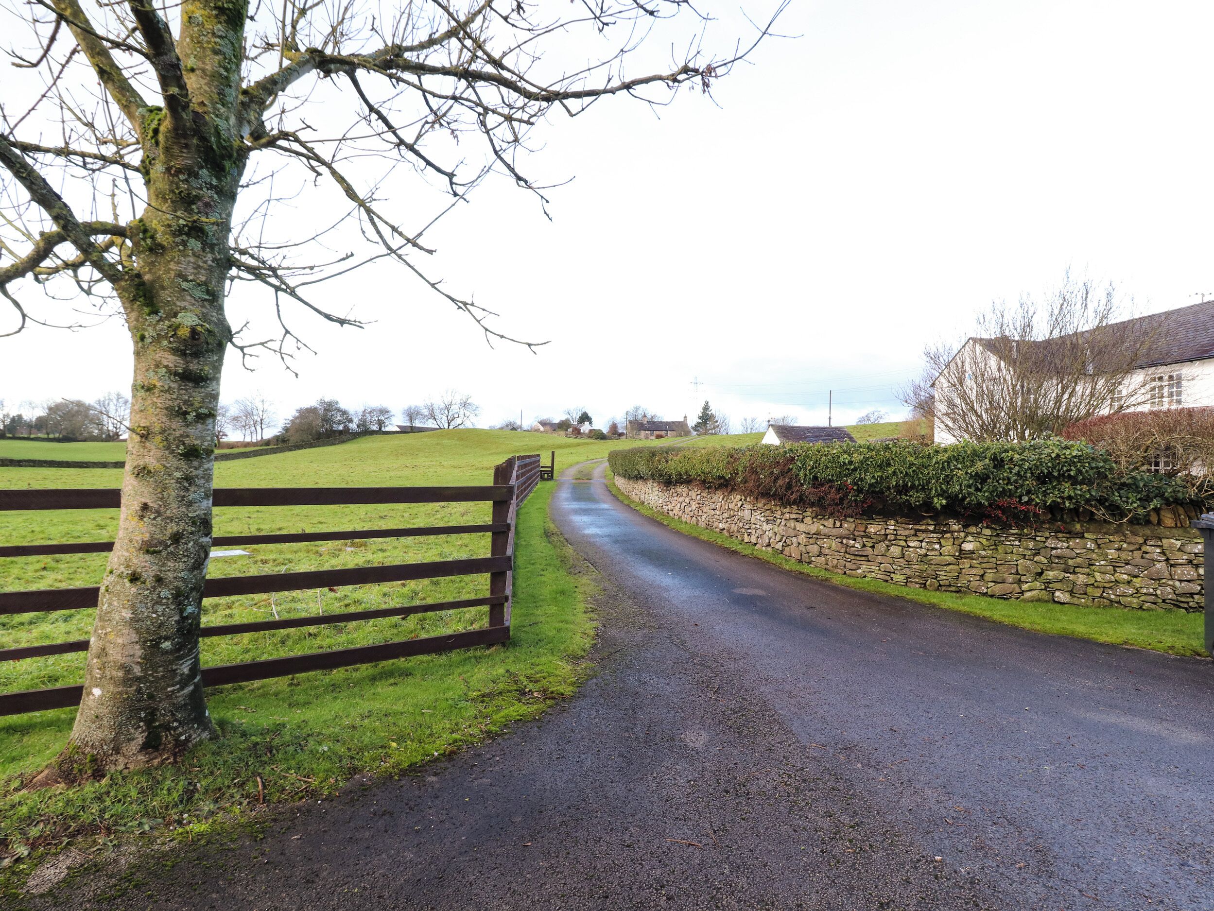 A rural road with a stone wall and wooden fence on one side, leading to a white building with a dark roof.