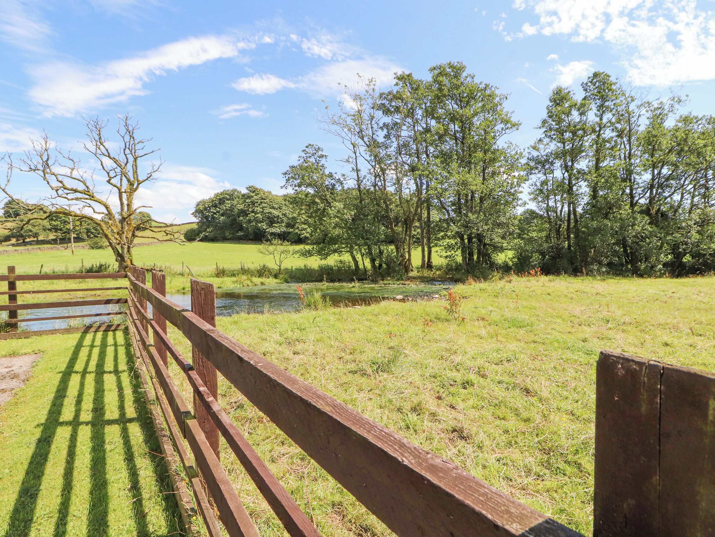 A wooden bridge over a small stream in a grassy field with trees in the background.