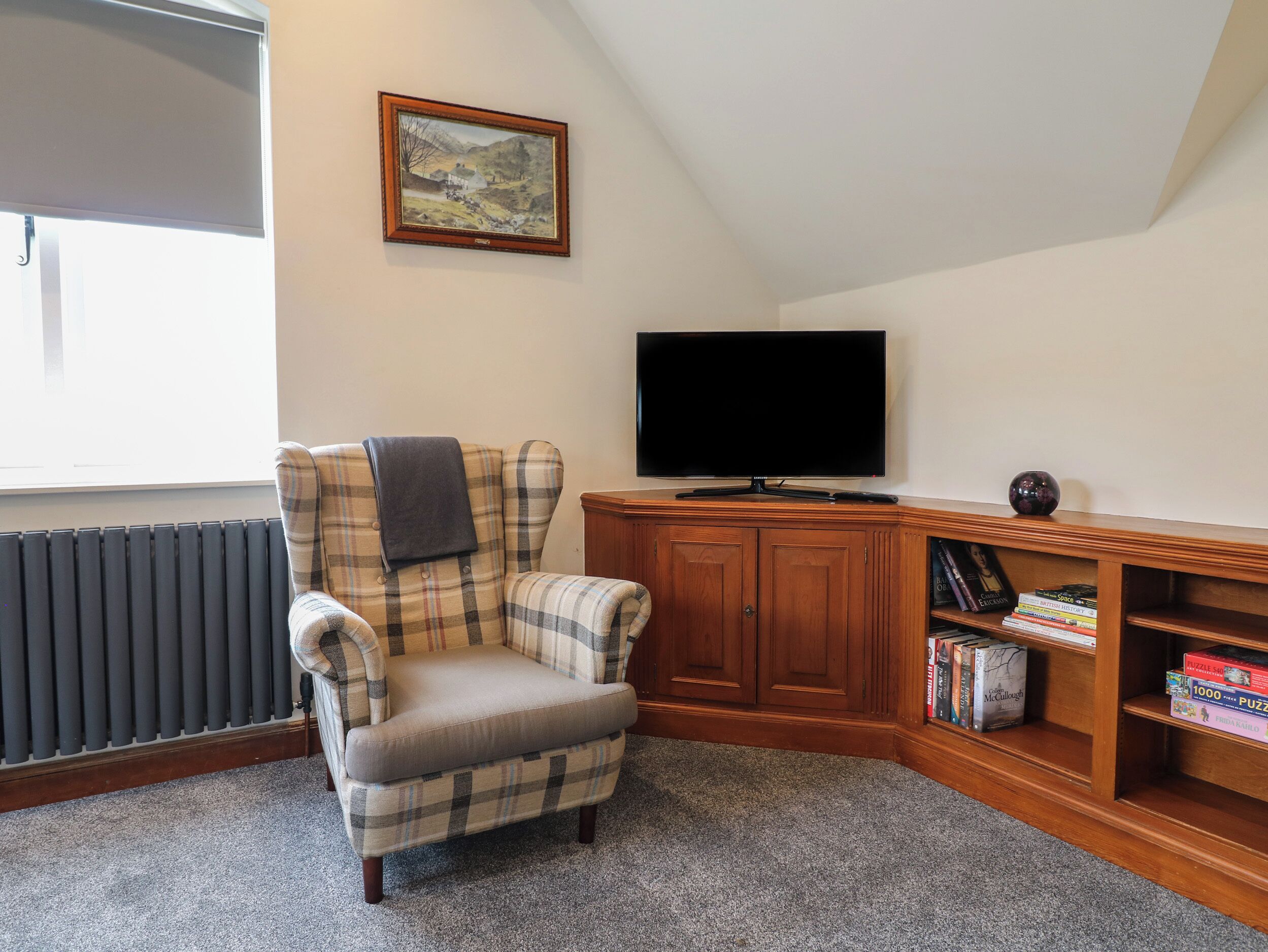 Una habitación de esquina con un sillón a cuadros, un televisor, una estantería y un cuadro en la pared.