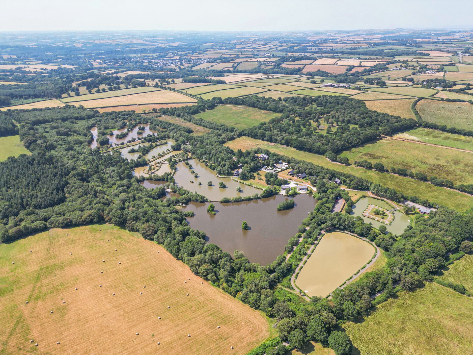 An aerial view of a rural landscape with fields, a pond, and scattered trees.