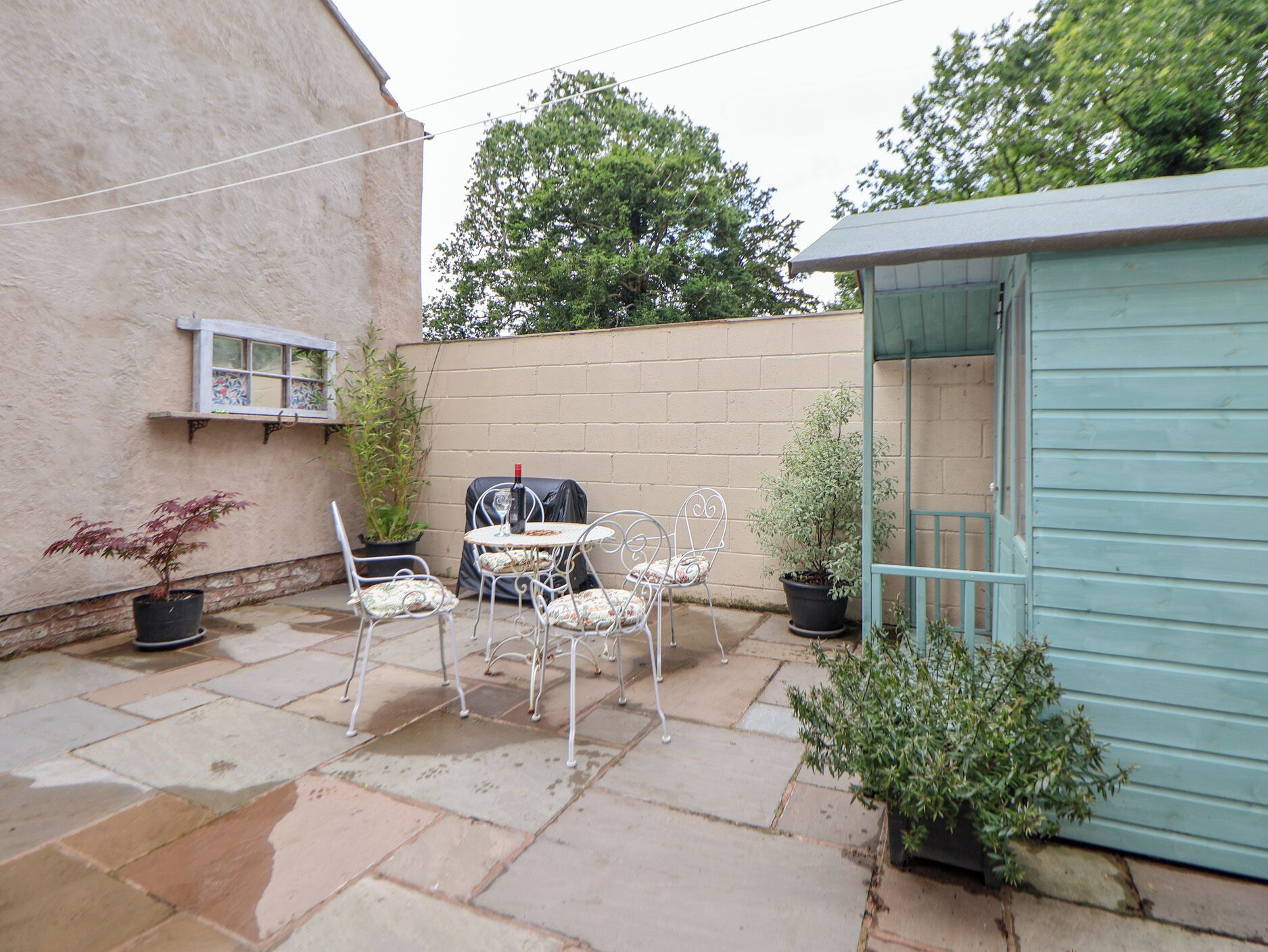 A patio with a table and chairs, a small shed, and potted plants.
