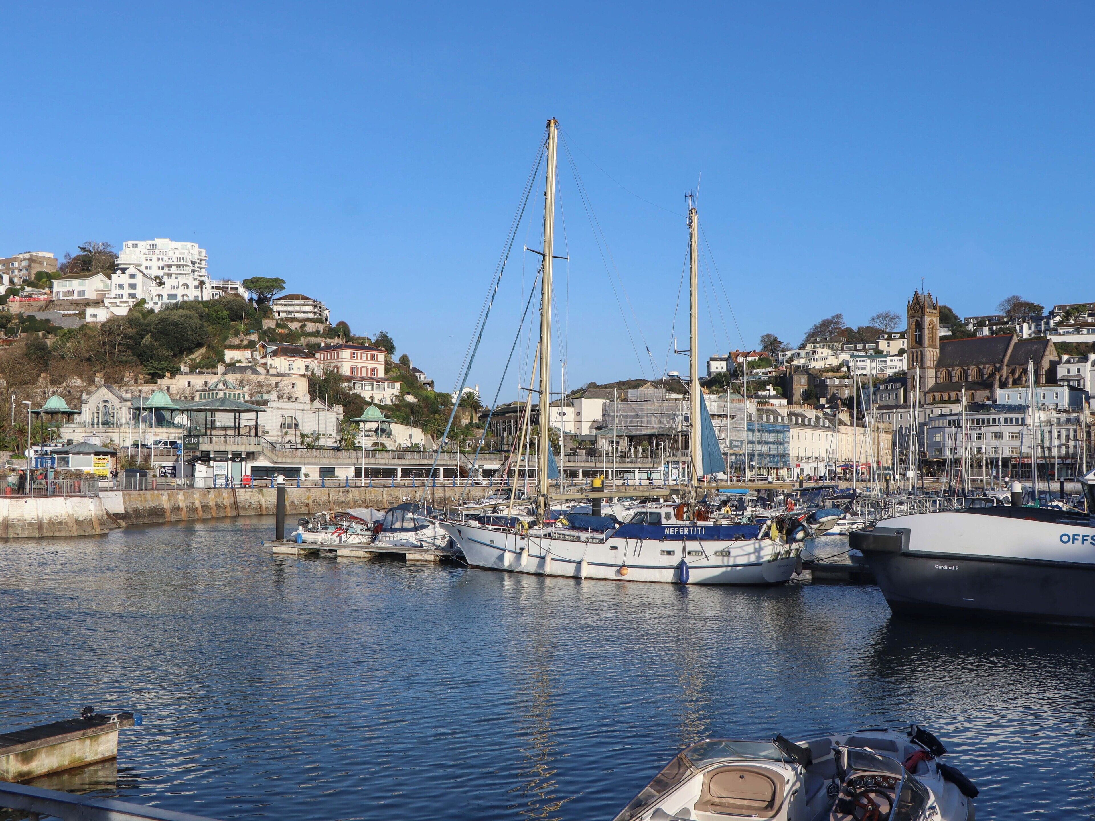 A marina with boats docked, a clear sky, and buildings in the background.