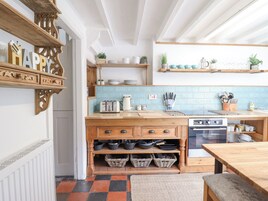 Fridge, electric kettle, toaster, cookware/dishes/utensils