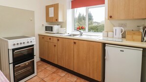 A compact kitchen with a stove, microwave, sink, and a small refrigerator. - Blorenge (Abergavenny)