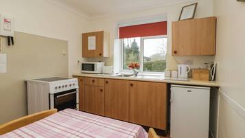 A compact kitchen with a microwave, toaster, and sink. There's a small refrigerator, a stove, and a window with a view of greenery.