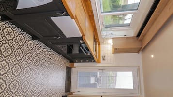Fridge, electric kettle, toaster, cookware/dishes/utensils