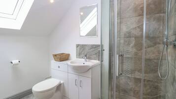 A modern bathroom with a skylight, a toilet, a sink with a marble countertop, and a glass-enclosed shower.