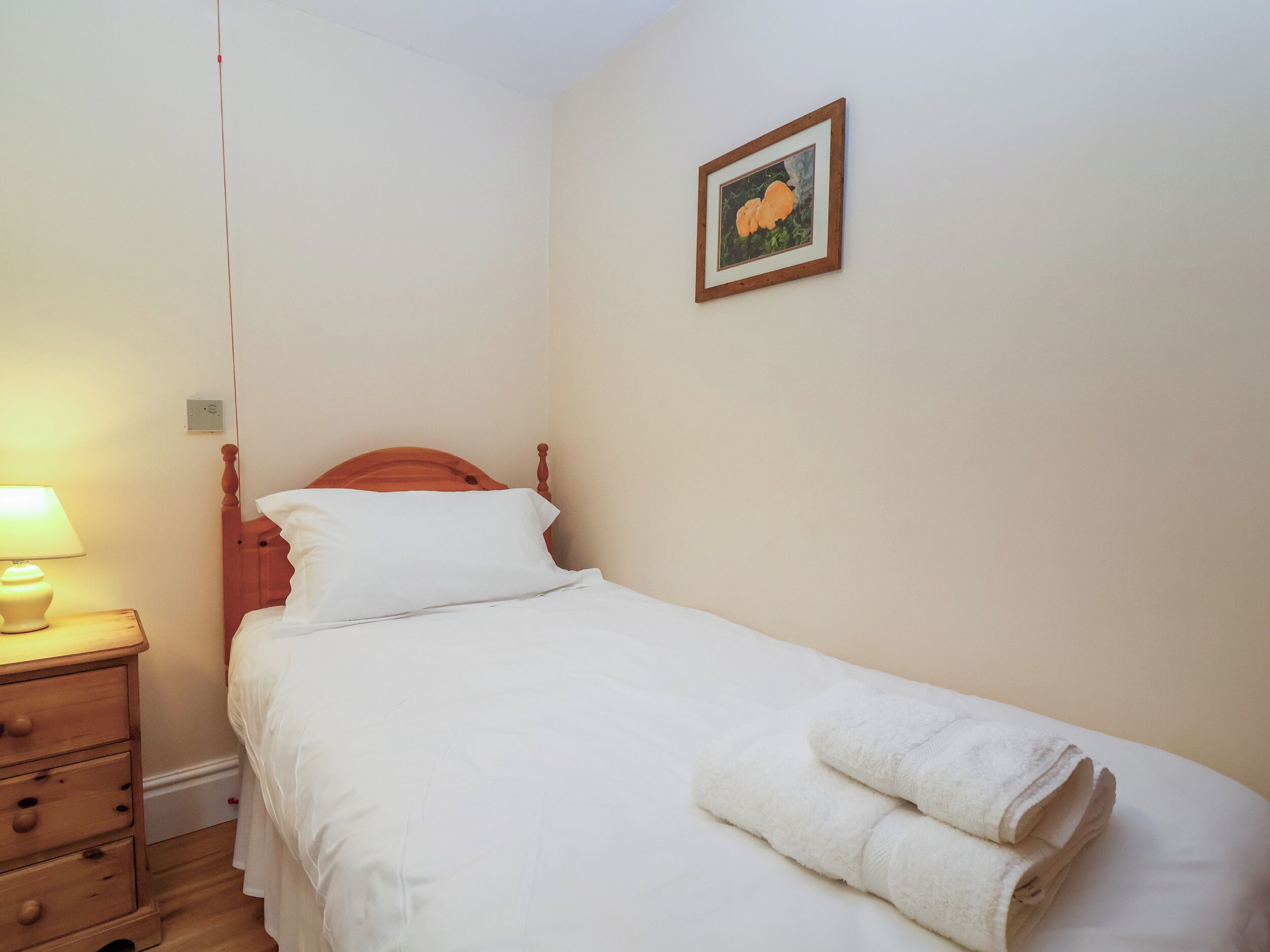 Een klein, net bed met witte lakens en een houten hoofdbord, een nachtkastje met een lamp, en een ingelijst foto aan de muur.