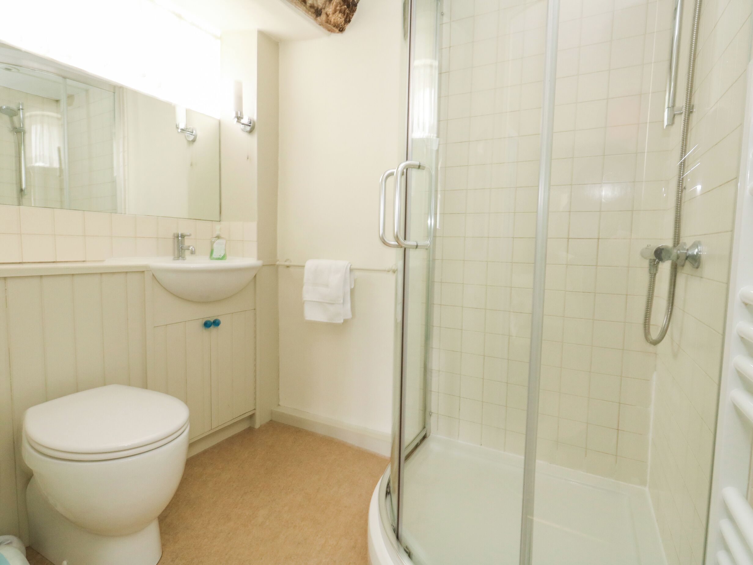 Une salle de bain équipée de toilettes, d’un lavabo et d’une douche à parois de verre.