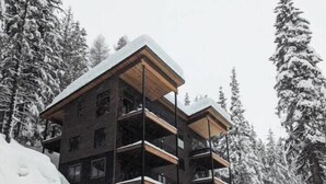 Een meerlaags houten gebouw met balkons, omgeven door met sneeuw bedekte bomen.