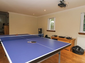 A room with a ping pong table, a speaker, a window, and a radiator. - Taighean Anndra (Killin)