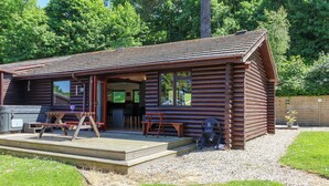 A log cabin with a deck, outdoor seating, and a grill area. - Bay Tree Lodge 35 (Ilfracombe)