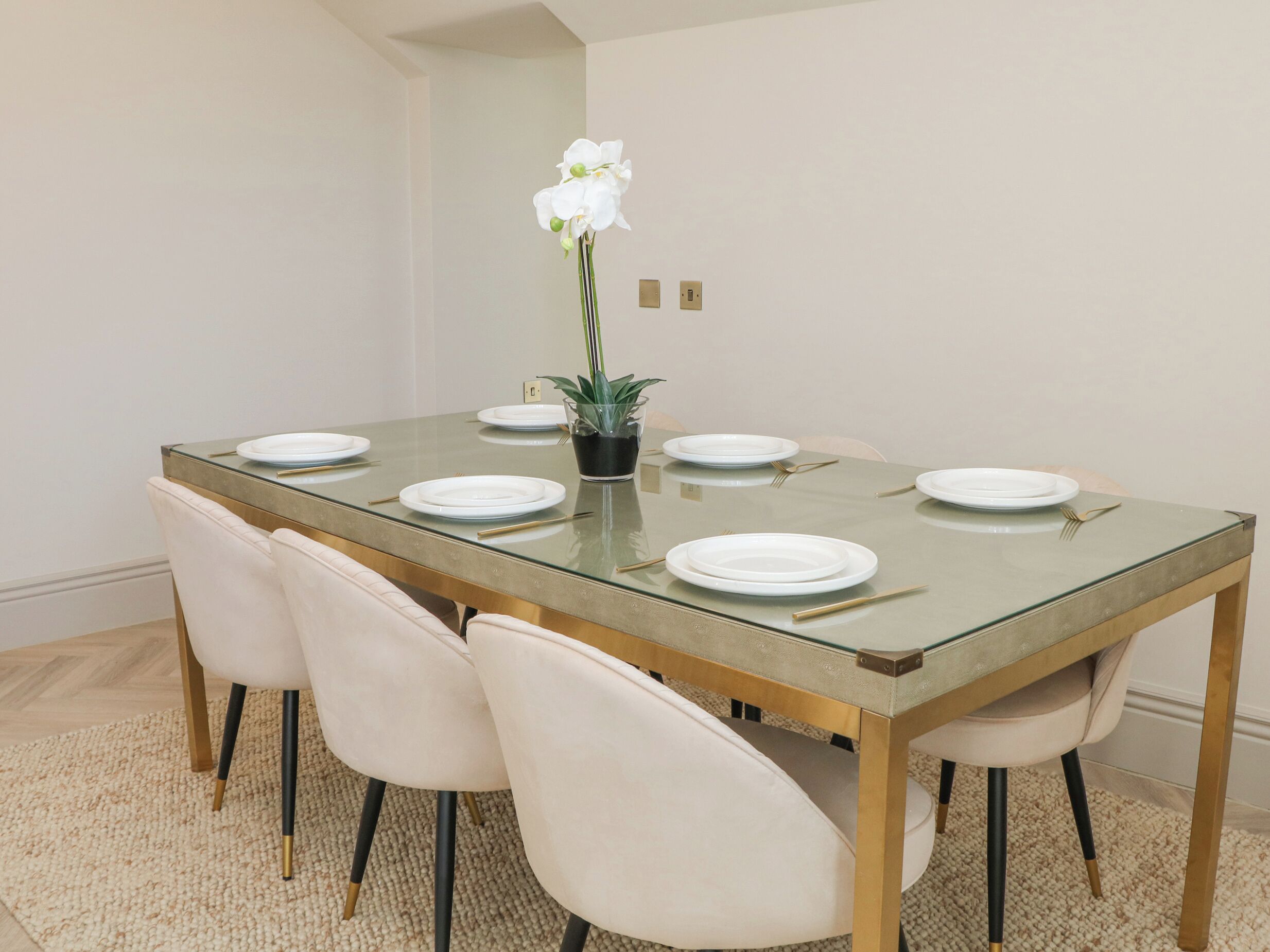 A dining table with six chairs, a vase with a single white orchid, and a small potted plant.