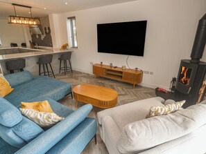 Un salon moderne avec un canapé, une table basse, un téléviseur et un poêle à bois.