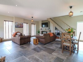A spacious living room with a fireplace, two sofas, a coffee table, and a dining area with chairs and a table.