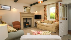 Una sala de estar acogedora con chimenea, un sofá, un sillón y un televisor.