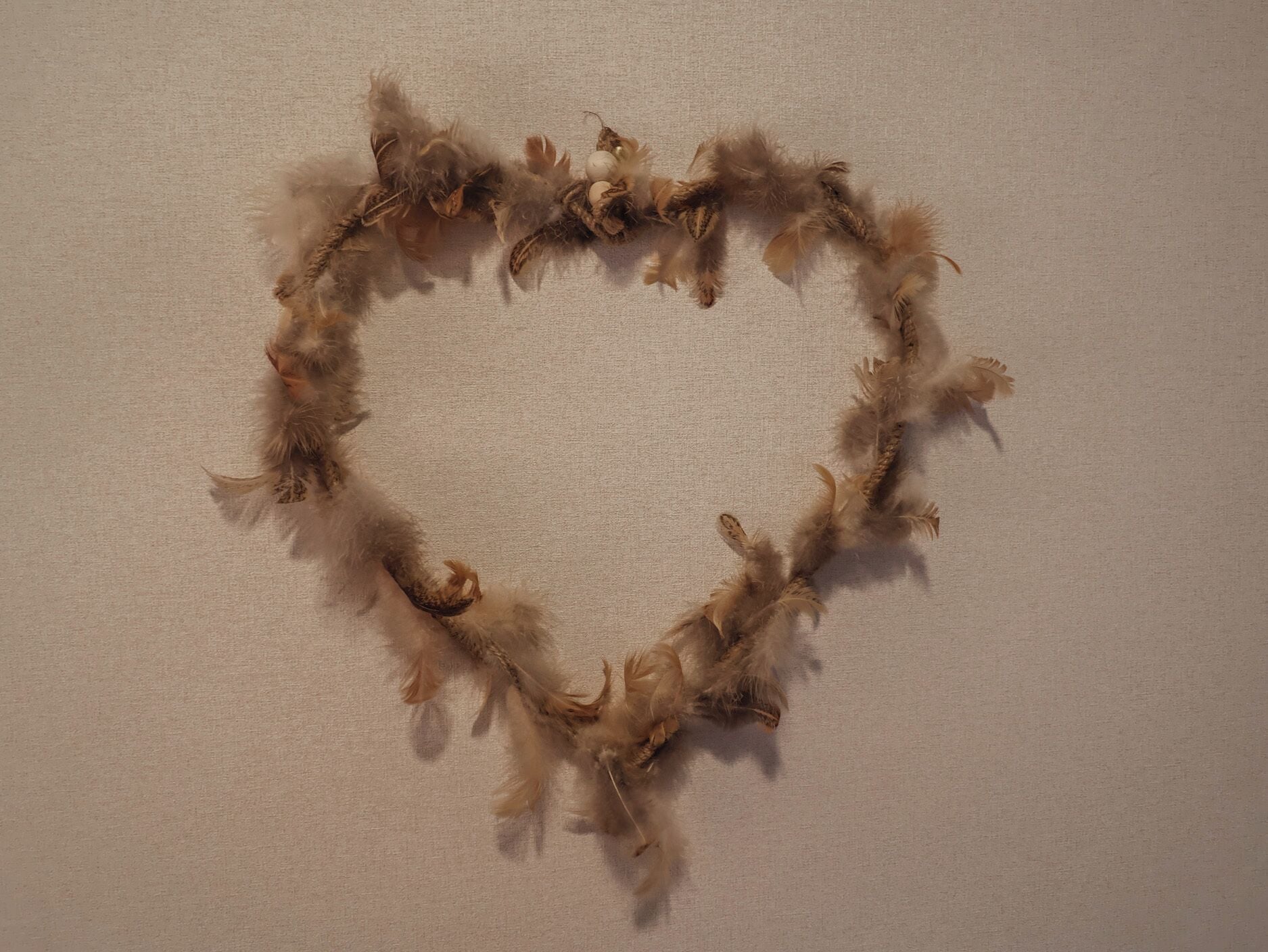 A heart-shaped arrangement of dried feathers on a textured wall.