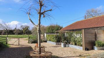 A rustic outdoor setting with a tree supported by a metal structure, gravel ground, and a wooden building with a tiled roof.