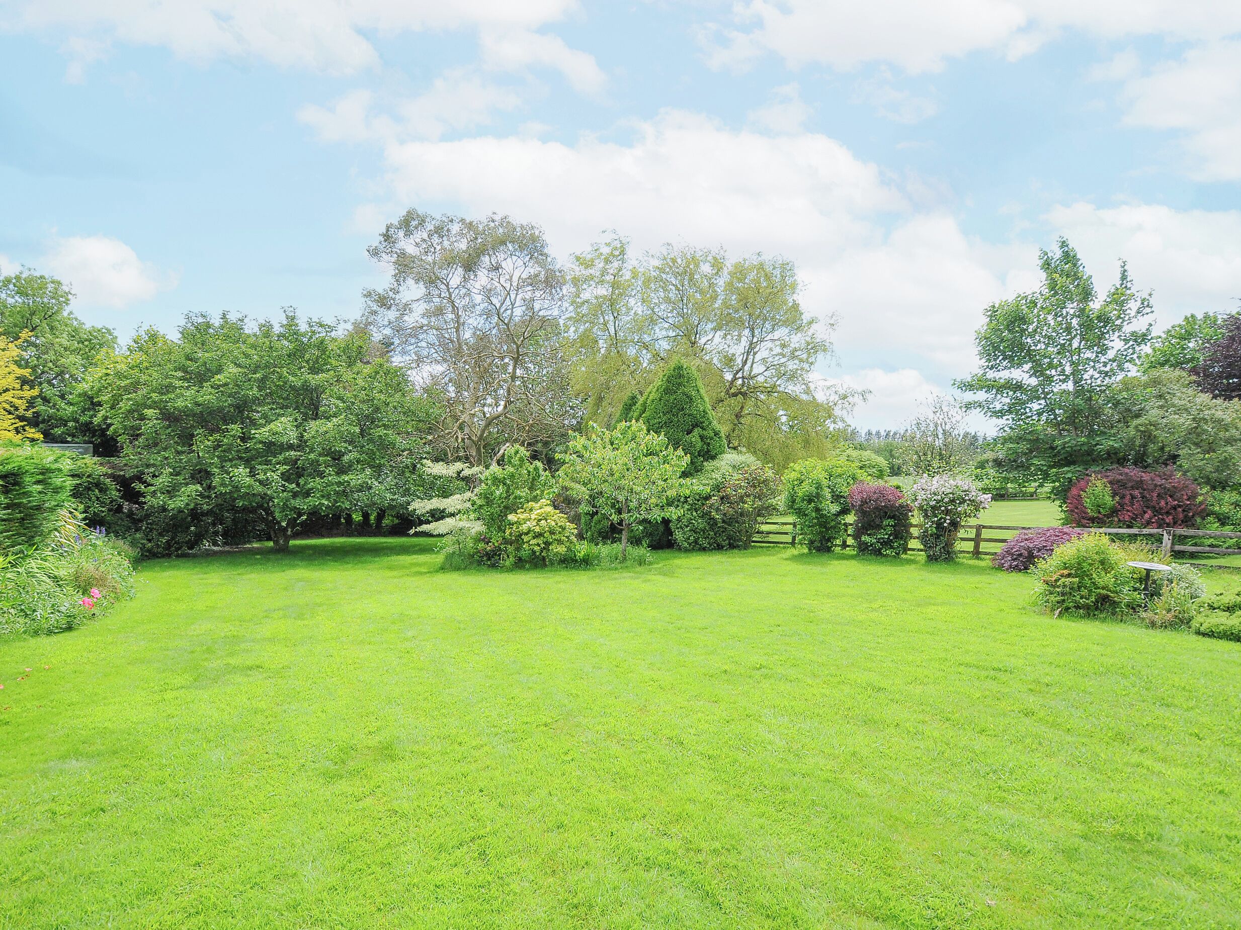 A well-maintained garden with a variety of trees and shrubs, a neatly trimmed lawn, and a wooden fence.