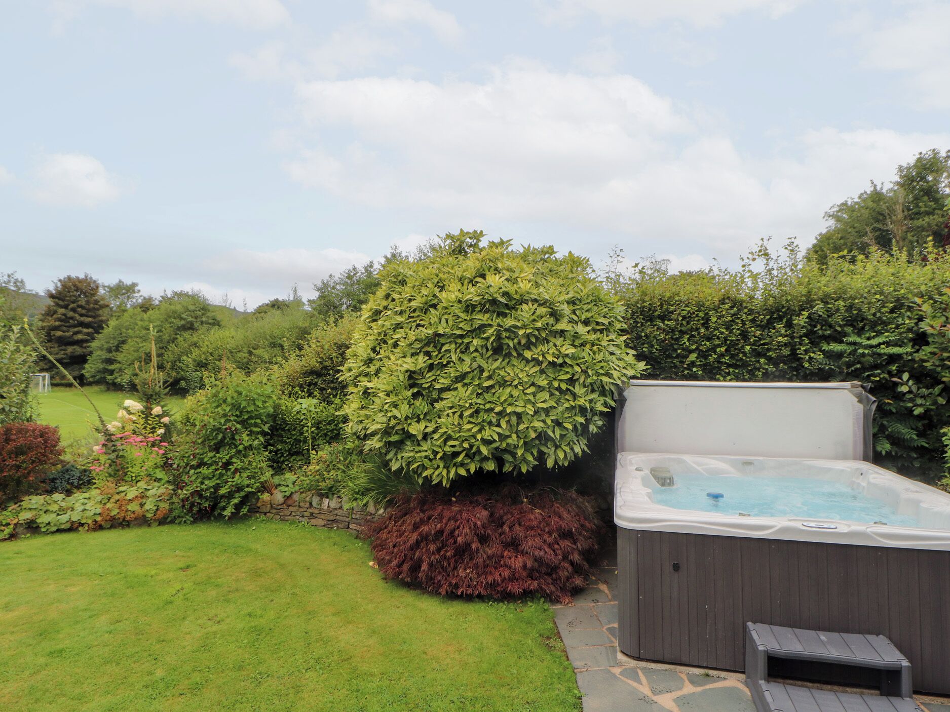 A hot tub in a garden with a stone pathway, surrounded by various shrubs and a large tree.