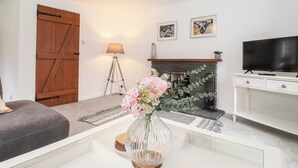 A living room with a fireplace, a television, and a coffee table with a vase of flowers. - One Side House Farm (Ambleside)