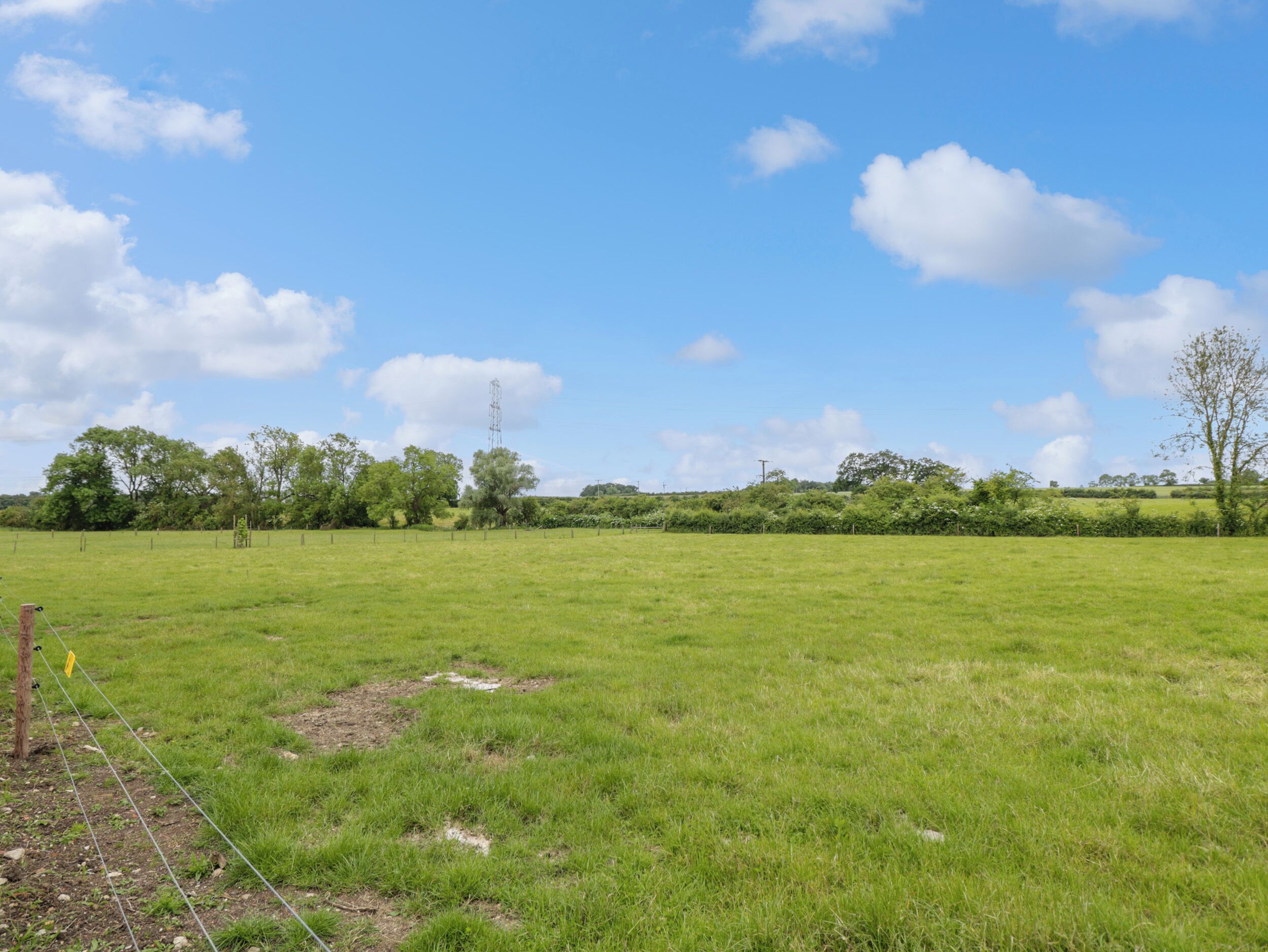 A grassy field with a fence and trees in the background.