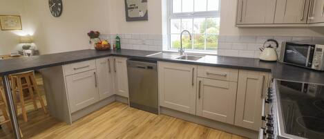 A modern kitchen with a dishwasher, sink, and stove. There is a window with a view of greenery outside.