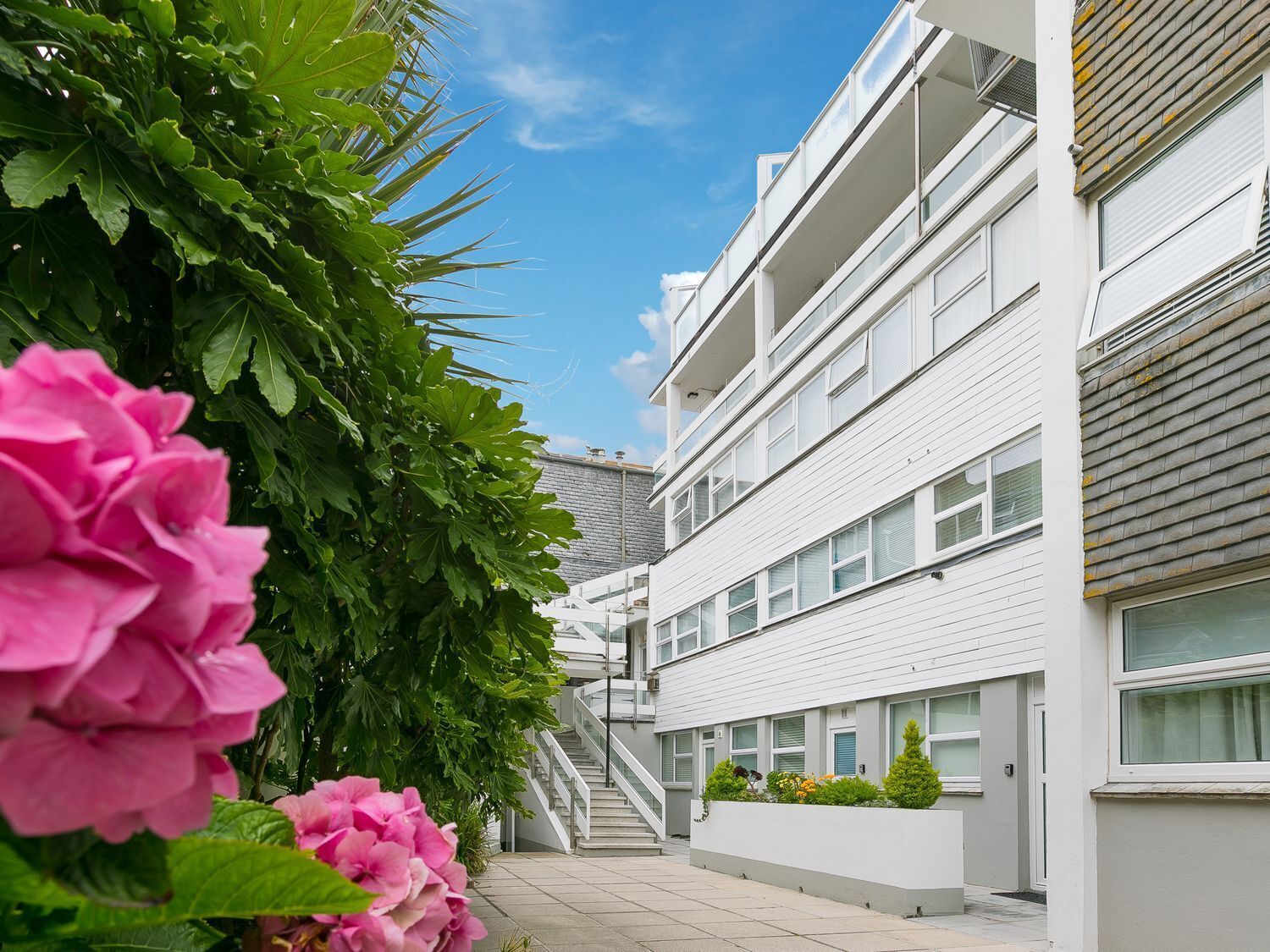 Un edificio moderno con fachada blanca, una escalera visible y un jardín con flores rosadas.